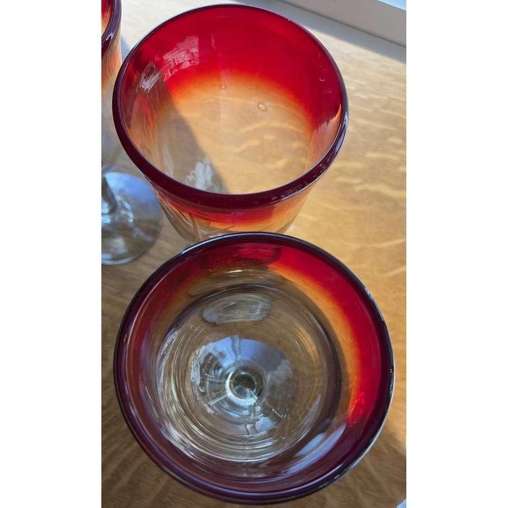 4 Hand Blown Red & Clear Tall 8 3/8
